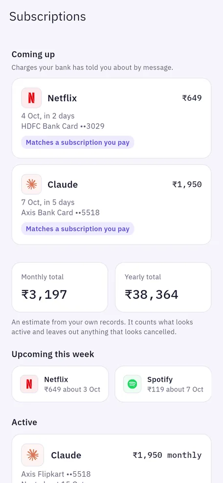 Subscriptions with logos, coming-up charges and yearly total